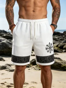 Men's casual linen-blend beach shorts with Viking rune print and drawstring waist details.