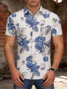 Men short sleeve floral print shirt casual button down hawaiian vacation beach top tee