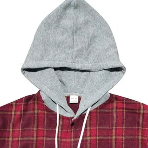 Detail view of American vintage plaid flannel hooded shirt with layered hood design.