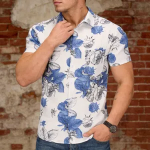 Men's short sleeve floral print casual Hawaiian shirt with lapel and chest pocket for summer.