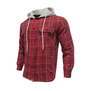 Men flannel hooded plaid shirt detail showcasing classic red check pattern and cozy grey hood.