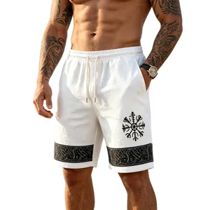 Detail view of men casual linen-feel beach shorts with Viking totem print and elastic waist.