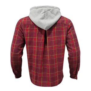Men's hooded flannel shirt back view, red yellow plaid pattern with grey hood detail.