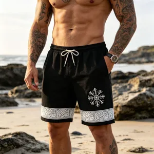 Men's casual beach shorts, lightweight linen-blend fabric, Viking rune print, elastic drawstring waist.