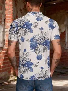 Men's short sleeve floral print lapel casual shirt in blue and white, perfect for summer vacation wear.