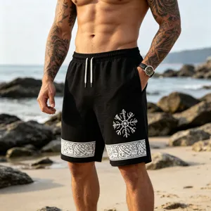 Men's black beach shorts with Viking totem print, elastic drawstring waist and linen feel.
