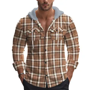 Men's Retro Plaid Hooded Flannel Shirt Autumn Casual Long Sleeve Button Down Outwear