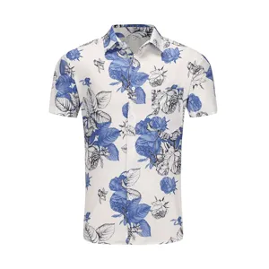 Men's casual Hawaiian blue and white floral print short sleeve button down shirt for summer.