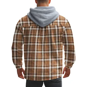 Men's vintage plaid hooded flannel shirt autumn casual long sleeve outerwear detail view.