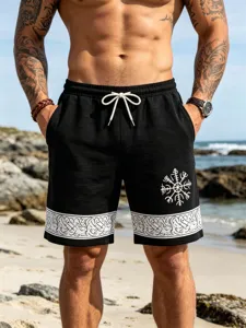 Men linen feel beach shorts summer casual Viking totem print drawstring board shorts style
