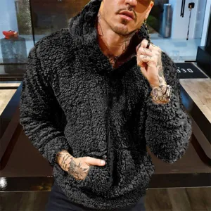 Heren sherpa fleece hooded sweatshirt, comfortabele zwarte casual warme winter hoodie.