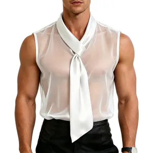 Heren transparante mesh mouwloze top met mooie satijnen halsdas sexy clubwear feestvestje