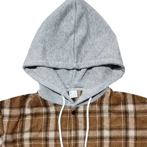 Detail view of the brown plaid flannel hooded shirt with grey contrast hood and drawstrings.