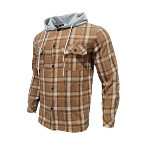Men's brown plaid flannel hooded shirt detail, cozy button-down shirt with chest pockets.