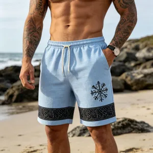 Mens light blue linen feel beach shorts with Viking rune totem print drawstring waist summer.