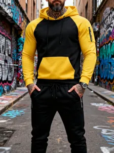 Men's colorblock fleece hooded sweatshirt and pants set, casual urban streetwear tracksuit detail.