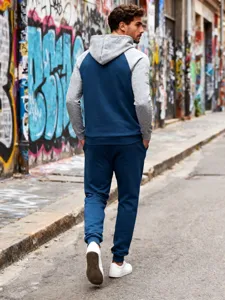 Men's casual colorblock hoodie and sweatpants two-piece set, stylish urban street style detail.