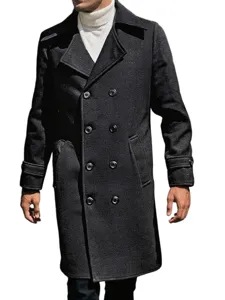Herren schwarzer zweireihiger Wollmantel langer Winter Trenchcoat schlanke Passform.