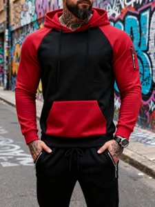 Men's fleece lined colorblock hooded sweatshirt and sweatpants casual two piece sports set.