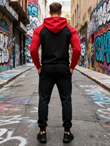 Back view detail of men colorblock fleece hoodie and sweatpants in urban street style.