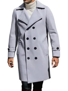Herren zweireihiger grauer Wollmantel, klassischer Revers mittellanger Trenchcoat Winter.