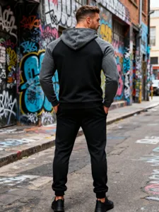 Men's casual colorblock fleece hooded sweatshirt and athletic sweatpants sportswear set.
