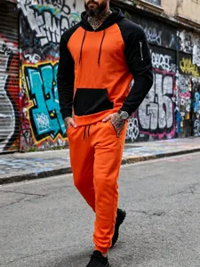 Men's colorblock fleece hoodie and sweatpants set, casual streetwear two-piece tracksuit.