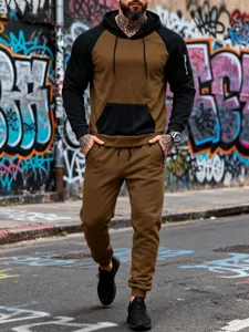 Mens colorblock fleece tracksuit detail showing hoodie and sweatpants streetwear style