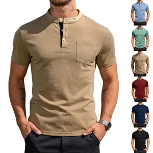 Mens stand collar short sleeve henley shirt casual button pocket top for summer daily wear.