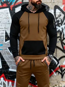 Men colorblock fleece hoodie tracksuit detail view, casual autumn winter sportswear set.
