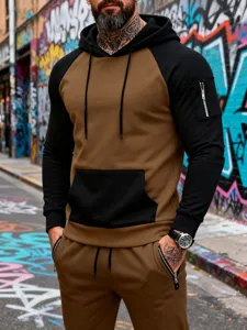 Men's colorblock fleece hoodie and sweatpants tracksuit for stylish casual streetwear wear.