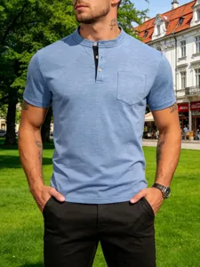 Close up of men casual henley short sleeve t-shirt with chest pocket and button placket detail