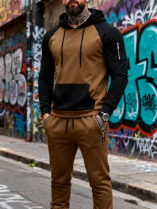 Men autumn winter colorblock fleece hoodie and sweatpants casual streetwear outfit style