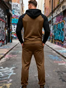 Men's colorblock fleece hoodie tracksuit casual two piece set for winter outdoor streetwear.