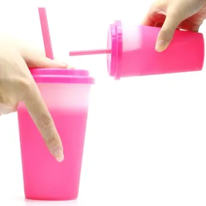 Dettaglio di una grande tazza con cannuccia cangiante da 710 ml in PP sensibile al freddo