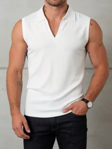 Men knitted sleeveless polo vest slim fit vertical striped casual top detail view