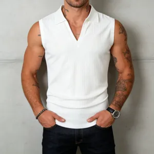 Men white knitted sleeveless polo shirt, slim fit ribbed tank top for summer fashion.