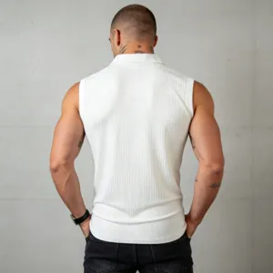 Men's white knit polo tank top back view, ribbed texture, slim fit casual summer apparel.