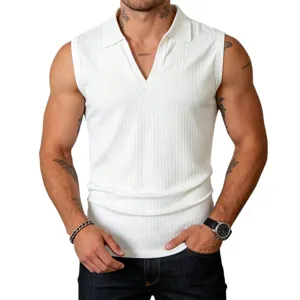 Men's knitted polo vest, slim fit solid color sleeveless top with vertical ribbed design.