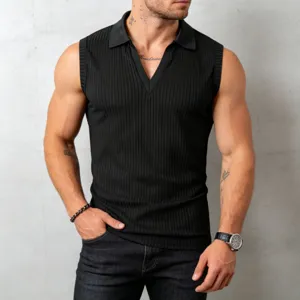Men's black knit sleeveless polo shirt with vertical ribs, slim fit casual summer top.