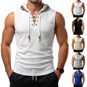 Close-up view of the lace-up hood and waffle knit texture on the mens sleeveless tank top.