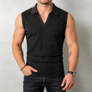 Men's black ribbed knit polo tank top, slim fit sleeveless casual summer shirt for men.