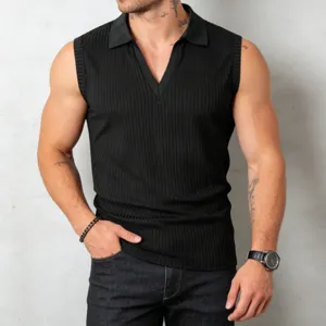Men's black ribbed knit polo tank top, casual stylish sleeveless slim fit vertical striped knit vest.