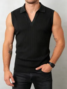 Detail view of the black ribbed knit sleeveless polo shirt, showing vertical stripe texture.