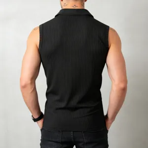Men's Black Ribbed Knit Polo Tank Top Slim Fit Sleeveless Casual Summer Shirt Apparel