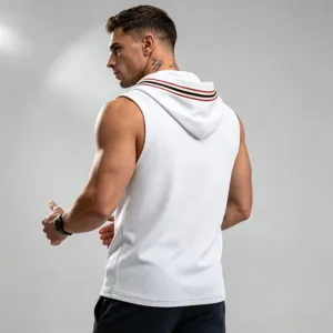 Men waffle knit hooded tank top with contrast stripe detail for fitness and daily sportswear.