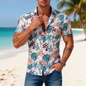 Men's Hawaiian tropical print short sleeve casual beach shirt with lapel and button down design.