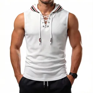 Men's waffle knit sleeveless hoodie with contrast stripe trim and lace-up front detail.