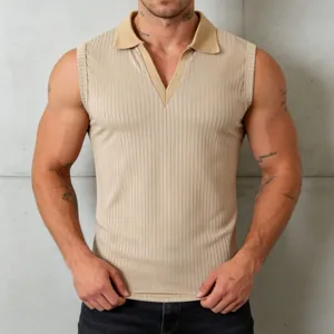 Men's ribbed knit sleeveless polo shirt, casual slim fit solid color summer tank top.