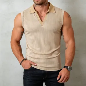 Men's Ribbed Knit Polo Tank Top Casual Slim Fit Summer Sleeveless Shirt Solid Color